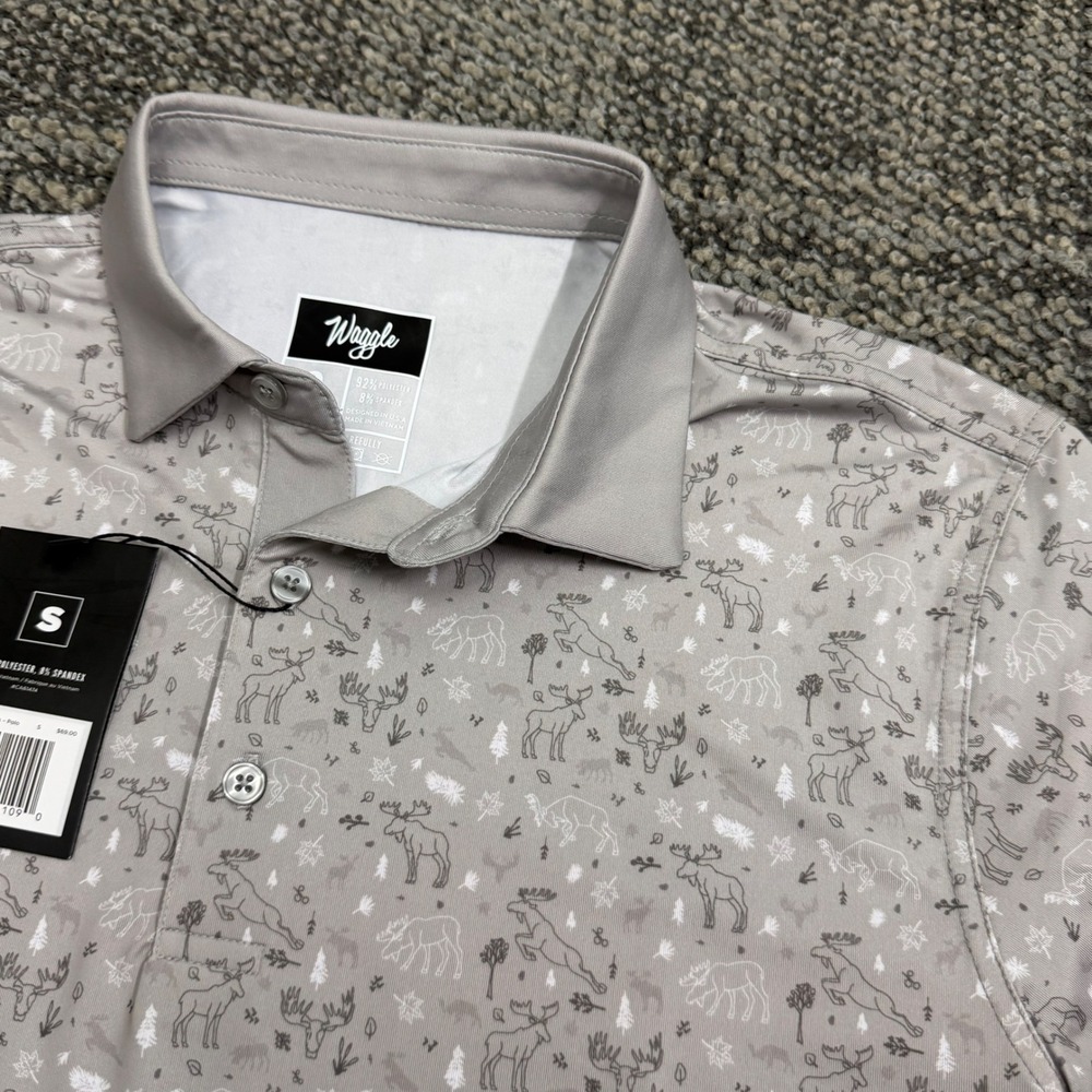 Waggle Moose Tracks Polo Shirt Mens Small Grey All over Performance Stretch